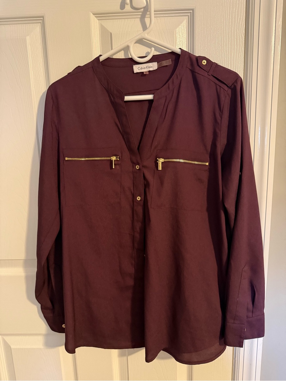 Calvin Klein Women's Burgundy Long-Sleeve Blouse with Gold Zips